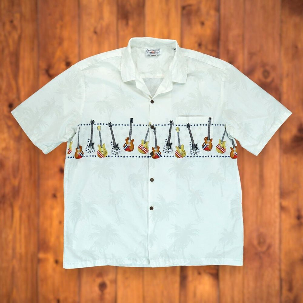 Pacific Legend Guitar Stars Stripes White Button Down Aloha Shirt 2XL Hawai Mens